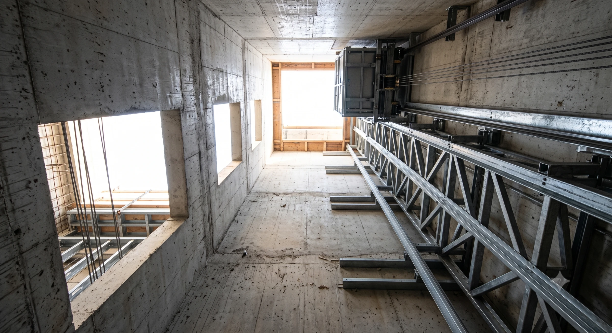 Hueco de ascensor en obra con guías y estructura metálica montada