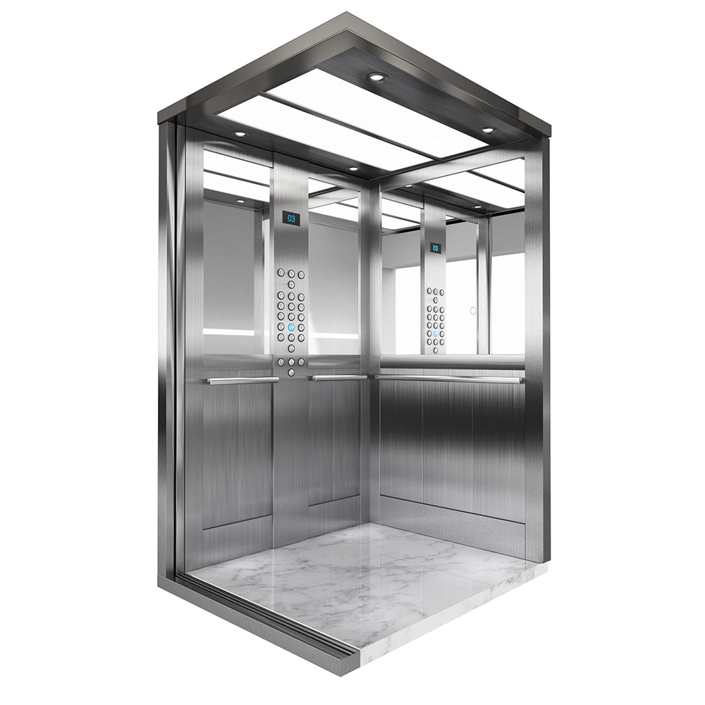 Cabina de ascensor modernizada en acero inoxidable con piso de mármol